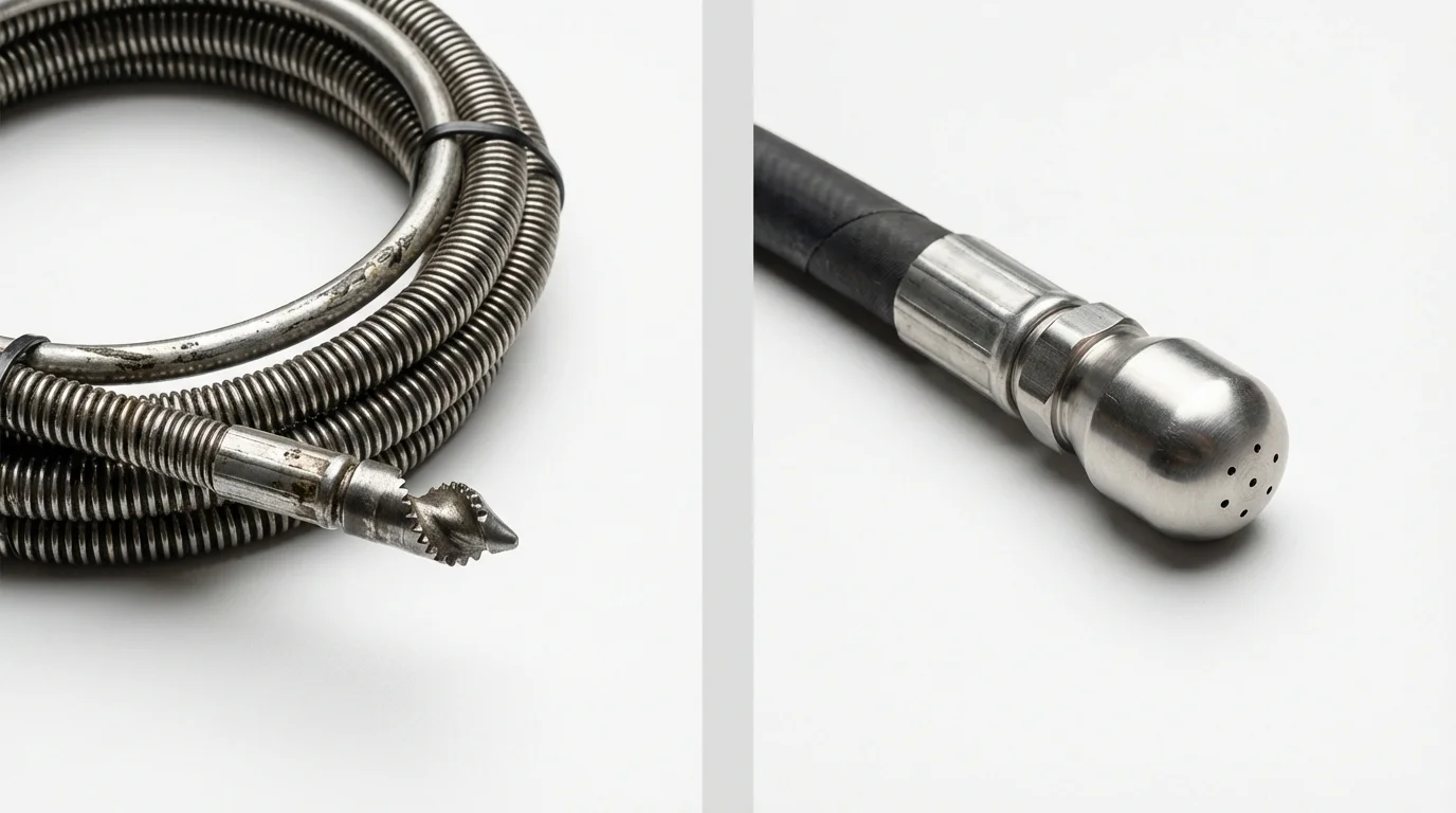 Drain snake cable and hydro jetting nozzle used for drain cleaning in Hamlin, NY