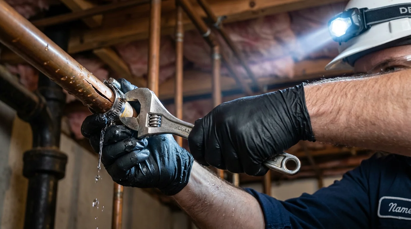 Emergency pipe clamp repair being performed by a Johns Plumbing LLC plumber in Hamlin