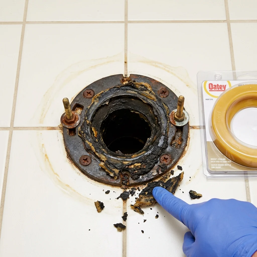 Failed wax ring showing water seepage at the base of a toilet in a Hamlin, NY home